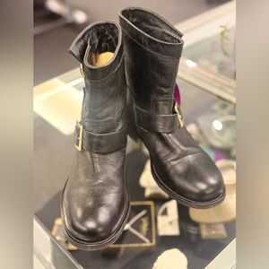 Pre Owned Jimmy Choo Sz 7 Leather Black Biker Boots Shoes